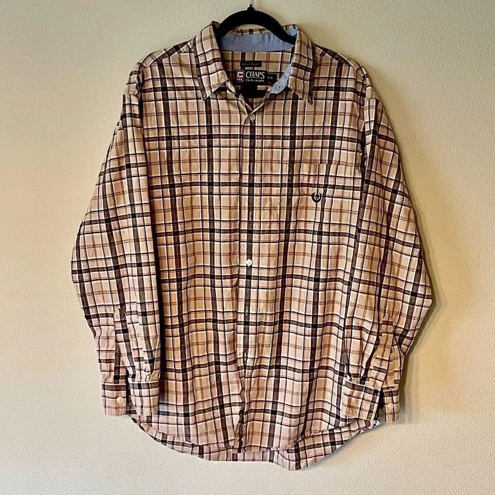 Mens, Long-Sleeve, Chaps-Indigo Plaids by Ralph Lauren Button-Down Shirt. Large.